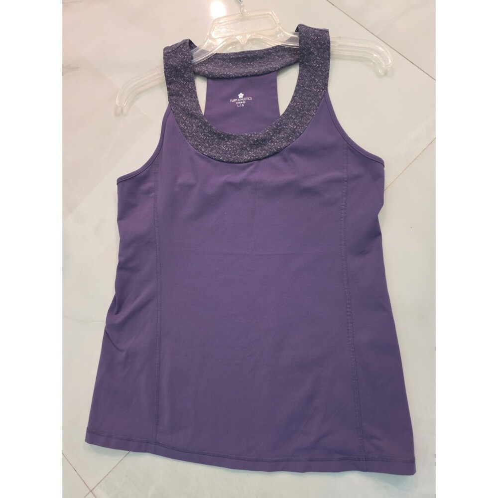 Tuff Athletics Purple Racerback Workout Tank Top Patterned Trim NWOT Size L